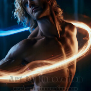 AI-generated abstract art of handsome shirtless men dancing with colorful dynamic light rays wrapping around their bodies. Cosmic, surreal, vivid digital art by Jeff Dupler.