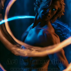 AI-generated abstract art of handsome shirtless men dancing with colorful dynamic light rays wrapping around their bodies. Cosmic, surreal, vivid digital art by Jeff Dupler.