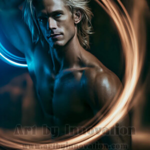 AI-generated abstract art of handsome shirtless men dancing with colorful dynamic light rays wrapping around their bodies. Cosmic, surreal, vivid digital art by Jeff Dupler.