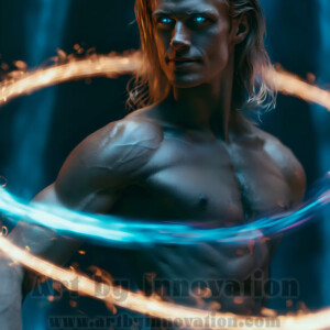AI-generated abstract art of handsome shirtless men dancing with colorful dynamic light rays wrapping around their bodies. Cosmic, surreal, vivid digital art by Jeff Dupler.