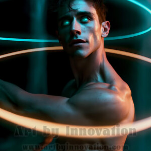 AI-generated abstract art of handsome shirtless men dancing with colorful dynamic light rays wrapping around their bodies. Cosmic, surreal, vivid digital art by Jeff Dupler.