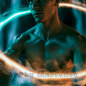 AI-generated abstract art of handsome shirtless men dancing with colorful dynamic light rays wrapping around their bodies. Cosmic, surreal, vivid digital art by Jeff Dupler.
