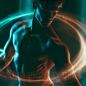 AI-generated abstract art of handsome shirtless men dancing with colorful dynamic light rays wrapping around their bodies. Cosmic, surreal, vivid digital art by Jeff Dupler.