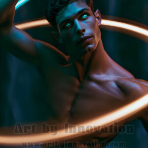 AI-generated abstract art of handsome shirtless men dancing with colorful dynamic light rays wrapping around their bodies. Cosmic, surreal, vivid digital art by Jeff Dupler.