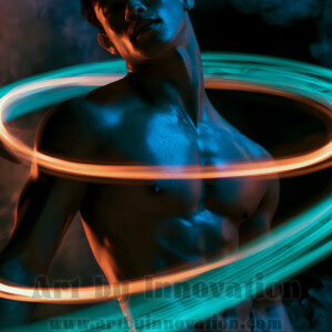 AI-generated abstract art of handsome shirtless men dancing with colorful dynamic light rays wrapping around their bodies. Cosmic, surreal, vivid digital art by Jeff Dupler.
