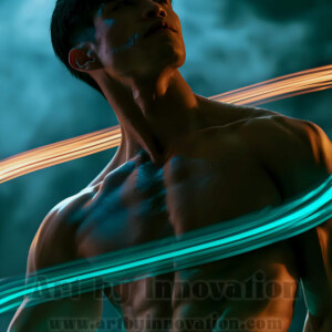 AI-generated abstract art of handsome shirtless men dancing with colorful dynamic light rays wrapping around their bodies. Cosmic, surreal, vivid digital art by Jeff Dupler.