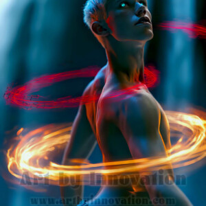 AI-generated abstract art of handsome shirtless men dancing with colorful dynamic light rays wrapping around their bodies. Cosmic, surreal, vivid digital art by Jeff Dupler.
