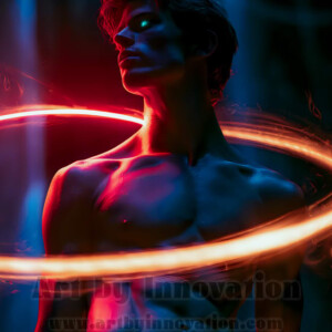AI-generated abstract art of handsome shirtless men dancing with colorful dynamic light rays wrapping around their bodies. Cosmic, surreal, vivid digital art by Jeff Dupler.