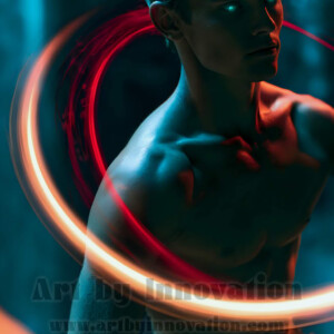 AI-generated abstract art of handsome shirtless men dancing with colorful dynamic light rays wrapping around their bodies. Cosmic, surreal, vivid digital art by Jeff Dupler.