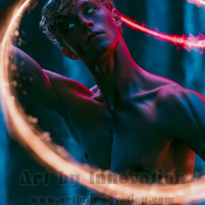 AI-generated abstract art of handsome shirtless men dancing with colorful dynamic light rays wrapping around their bodies. Cosmic, surreal, vivid digital art by Jeff Dupler.