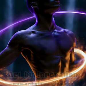 AI-generated abstract art of handsome shirtless men dancing with colorful dynamic light rays wrapping around their bodies. Cosmic, surreal, vivid digital art by Jeff Dupler.