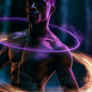 AI-generated abstract art of handsome shirtless men dancing with colorful dynamic light rays wrapping around their bodies. Cosmic, surreal, vivid digital art by Jeff Dupler.