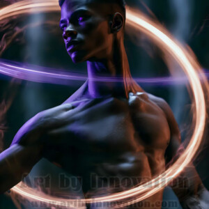 AI-generated abstract art of handsome shirtless men dancing with colorful dynamic light rays wrapping around their bodies. Cosmic, surreal, vivid digital art by Jeff Dupler.