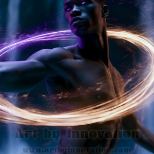 AI-generated abstract art of handsome shirtless men dancing with colorful dynamic light rays wrapping around their bodies. Cosmic, surreal, vivid digital art by Jeff Dupler.