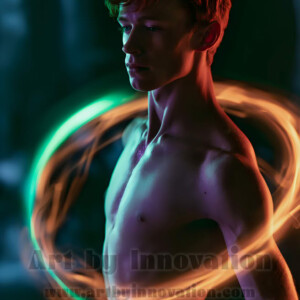 AI-generated abstract art of handsome shirtless men dancing with colorful dynamic light rays wrapping around their bodies. Cosmic, surreal, vivid digital art by Jeff Dupler.