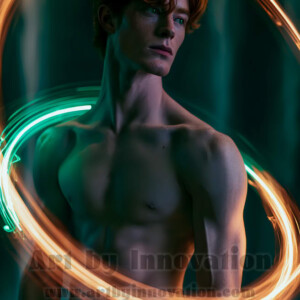 AI-generated abstract art of handsome shirtless men dancing with colorful dynamic light rays wrapping around their bodies. Cosmic, surreal, vivid digital art by Jeff Dupler.