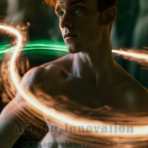 AI-generated abstract art of handsome shirtless men dancing with colorful dynamic light rays wrapping around their bodies. Cosmic, surreal, vivid digital art by Jeff Dupler.