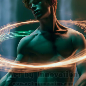AI-generated abstract art of handsome shirtless men dancing with colorful dynamic light rays wrapping around their bodies. Cosmic, surreal, vivid digital art by Jeff Dupler.