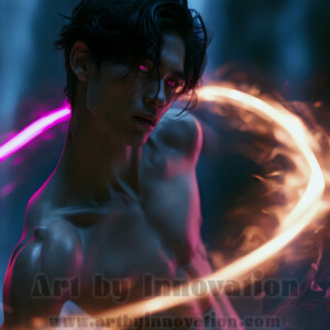 AI-generated abstract art of handsome shirtless men dancing with colorful dynamic light rays wrapping around their bodies. Cosmic, surreal, vivid digital art by Jeff Dupler.