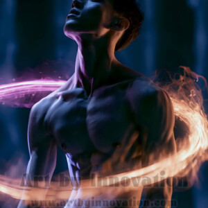AI-generated abstract art of handsome shirtless men dancing with colorful dynamic light rays wrapping around their bodies. Cosmic, surreal, vivid digital art by Jeff Dupler.