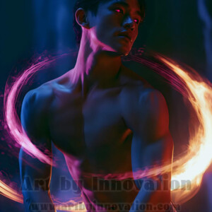 AI-generated abstract art of handsome shirtless men dancing with colorful dynamic light rays wrapping around their bodies. Cosmic, surreal, vivid digital art by Jeff Dupler.