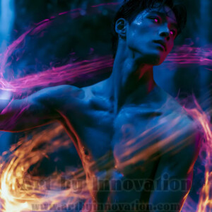 AI-generated abstract art of handsome shirtless men dancing with colorful dynamic light rays wrapping around their bodies. Cosmic, surreal, vivid digital art by Jeff Dupler.
