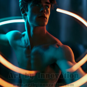 AI-generated abstract art of handsome shirtless men dancing with colorful dynamic light rays wrapping around their bodies. Cosmic, surreal, vivid digital art by Jeff Dupler.