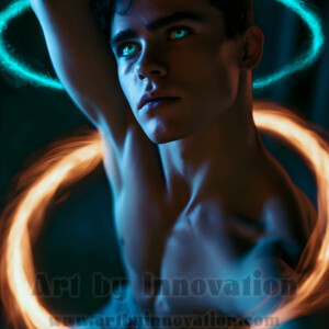 AI-generated abstract art of handsome shirtless men dancing with colorful dynamic light rays wrapping around their bodies. Cosmic, surreal, vivid digital art by Jeff Dupler.