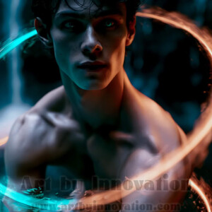 AI-generated abstract art of handsome shirtless men dancing with colorful dynamic light rays wrapping around their bodies. Cosmic, surreal, vivid digital art by Jeff Dupler.