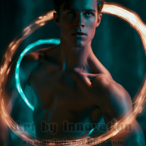 AI-generated abstract art of handsome shirtless men dancing with colorful dynamic light rays wrapping around their bodies. Cosmic, surreal, vivid digital art by Jeff Dupler.