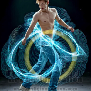 AI-generated abstract art of handsome shirtless men dancing with colorful dynamic light rays wrapping around their bodies. Cosmic, surreal, vivid digital art by Jeff Dupler.