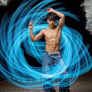 AI-generated abstract art of handsome shirtless men dancing with colorful dynamic light rays wrapping around their bodies. Cosmic, surreal, vivid digital art by Jeff Dupler.