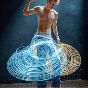 AI-generated abstract art of handsome shirtless men dancing with colorful dynamic light rays wrapping around their bodies. Cosmic, surreal, vivid digital art by Jeff Dupler.