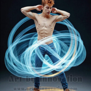AI-generated abstract art of handsome shirtless men dancing with colorful dynamic light rays wrapping around their bodies. Cosmic, surreal, vivid digital art by Jeff Dupler.