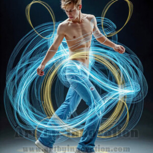 AI-generated abstract art of handsome shirtless men dancing with colorful dynamic light rays wrapping around their bodies. Cosmic, surreal, vivid digital art by Jeff Dupler.