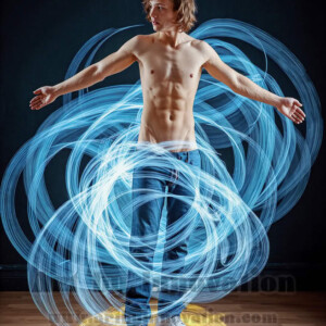 AI-generated abstract art of handsome shirtless men dancing with colorful dynamic light rays wrapping around their bodies. Cosmic, surreal, vivid digital art by Jeff Dupler.