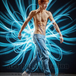 AI-generated abstract art of handsome shirtless men dancing with colorful dynamic light rays wrapping around their bodies. Cosmic, surreal, vivid digital art by Jeff Dupler.