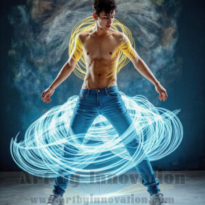 AI-generated abstract art of handsome shirtless men dancing with colorful dynamic light rays wrapping around their bodies. Cosmic, surreal, vivid digital art by Jeff Dupler.