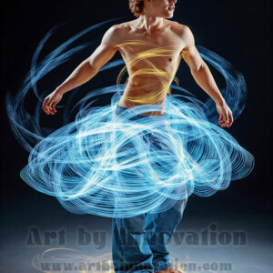 AI-generated abstract art of handsome shirtless men dancing with colorful dynamic light rays wrapping around their bodies. Cosmic, surreal, vivid digital art by Jeff Dupler.
