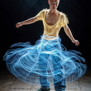 AI-generated abstract art of handsome shirtless men dancing with colorful dynamic light rays wrapping around their bodies. Cosmic, surreal, vivid digital art by Jeff Dupler.