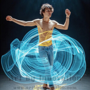 AI-generated abstract art of handsome shirtless men dancing with colorful dynamic light rays wrapping around their bodies. Cosmic, surreal, vivid digital art by Jeff Dupler.