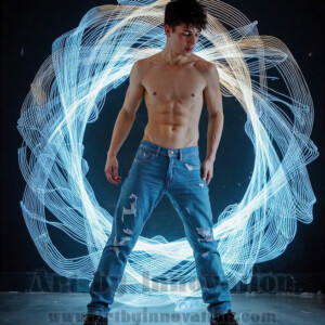 AI-generated abstract art of handsome shirtless men dancing with colorful dynamic light rays wrapping around their bodies. Cosmic, surreal, vivid digital art by Jeff Dupler.