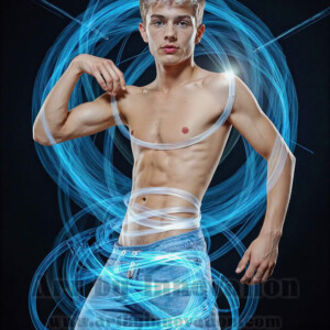 AI-generated abstract art of handsome shirtless men dancing with colorful dynamic light rays wrapping around their bodies. Cosmic, surreal, vivid digital art by Jeff Dupler.