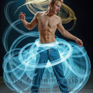 AI-generated abstract art of handsome shirtless men dancing with colorful dynamic light rays wrapping around their bodies. Cosmic, surreal, vivid digital art by Jeff Dupler.