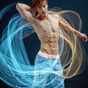 AI-generated abstract art of handsome shirtless men dancing with colorful dynamic light rays wrapping around their bodies. Cosmic, surreal, vivid digital art by Jeff Dupler.