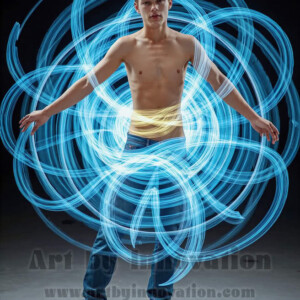 AI-generated abstract art of handsome shirtless men dancing with colorful dynamic light rays wrapping around their bodies. Cosmic, surreal, vivid digital art by Jeff Dupler.
