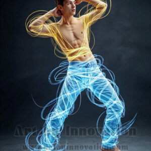 AI-generated abstract art of handsome shirtless men dancing with colorful dynamic light rays wrapping around their bodies. Cosmic, surreal, vivid digital art by Jeff Dupler.