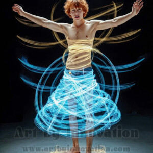 AI-generated abstract art of handsome shirtless men dancing with colorful dynamic light rays wrapping around their bodies. Cosmic, surreal, vivid digital art by Jeff Dupler.