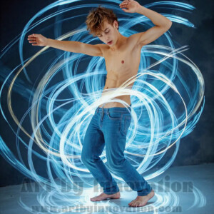 AI-generated abstract art of handsome shirtless men dancing with colorful dynamic light rays wrapping around their bodies. Cosmic, surreal, vivid digital art by Jeff Dupler.