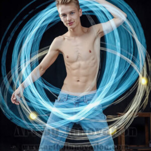 AI-generated abstract art of handsome shirtless men dancing with colorful dynamic light rays wrapping around their bodies. Cosmic, surreal, vivid digital art by Jeff Dupler.